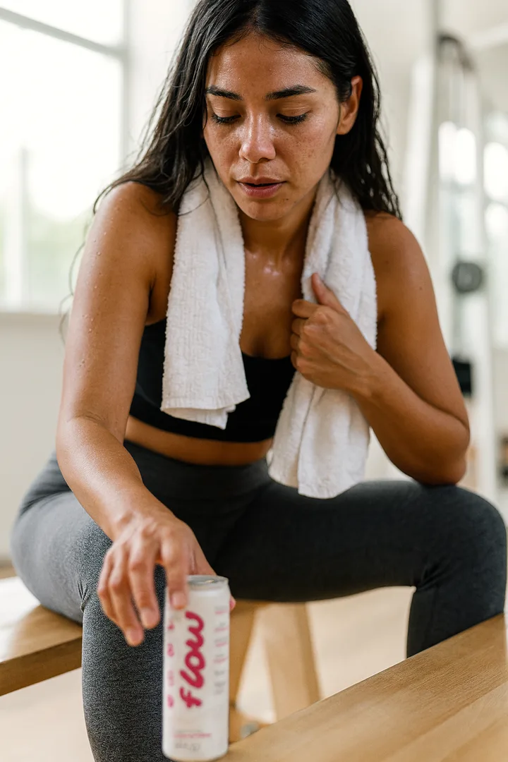 Mulher na academia com uma lata de Flow